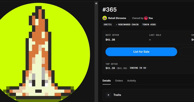 A pixel art NFT listing for a fox character labeled '#365 Retail Shrooms' on the Robinhood Chain, showing a 'Best Offer' of $41.38 and a 'List for Sale' button.