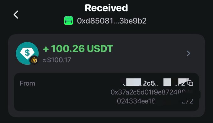 A mobile wallet screenshot showing a received cryptocurrency transaction of +100.26 USDT (approximately $100.17) from address 0x37a2c5d01f9e872480...024334ee18