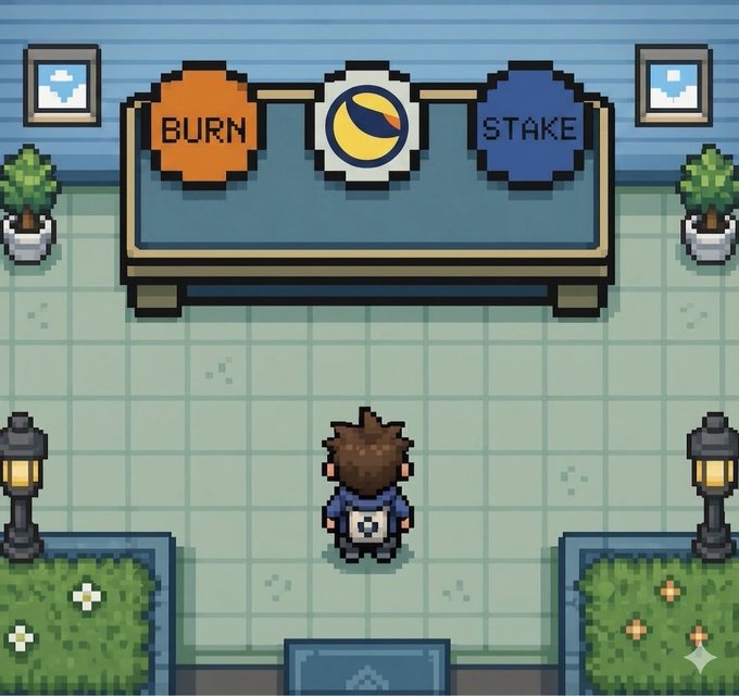 A pixel-art style image of a character standing in a room with a couch displaying 'BURN' and 'STAKE' buttons alongside a Lunar (LUNA) logo.