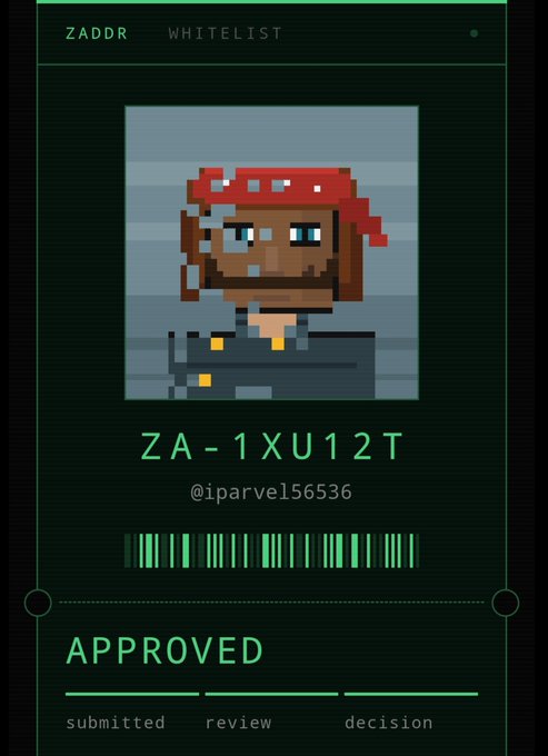 A digital whitelist approval card for 'ZADR' showing a pixel art avatar, the code 'ZA-1XU12T', username '@iparvel56536', and an 'APPROVED' status with a green barcode.