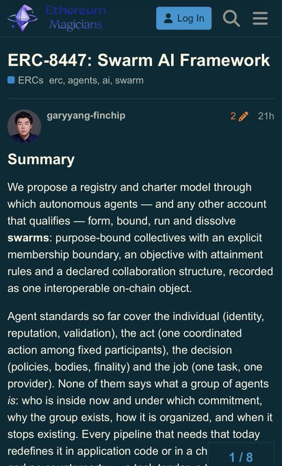 A mobile screenshot of an Ethereum Magicians forum post titled "ERC-8447: Swarm AI Framework" by user garyyang-finchip, proposing a registry and charter model for autonomous agent swarms. The visible Summary section describes purpose-bound collectives with membership boundaries, objectives, and collaboration structures as interoperable on-chain objects, highlighting the gap in existing agent standards regarding group formation and termination.