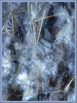 An intricate steampunk-style collage featuring overlapping gears, clockwork mechanisms, and measuring tools in shades of blue and gold.