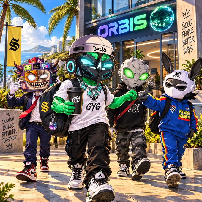 A vibrant AI-generated illustration of four cartoon mascot characters (including ones wearing a green mask, a cracked white mask, and rabbit ears) standing in front of an 'ORBIS' store, with graffiti reading 'SOLANA BUILDS BRIGHTER TOGETHER' and 'GOOD PEOPLE BETTER DAYS'.