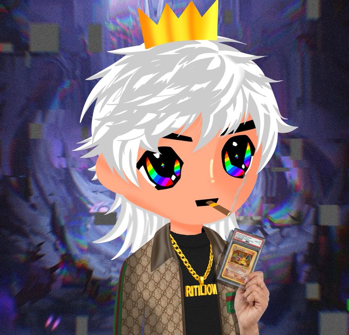 The image features a cartoon character with white hair, wearing a brown jacket and holding a gold chain. The character has rainbow colored eyes and is wearing a crown. The background of the image is dark purple, which contrasts with the lighter colors on the character's face and outfit. In the bottom right corner of the image, there is text that reads "Keep eye on @Ritiliow - Supply: 777 - Chain: Ethereum - Mint date: TBA - MP: Free mint Ritiliow is a 777 limited supply culture-first NFT collection on Ethereum I lob free mint what about you?".