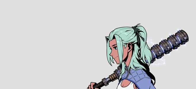 An anime-style illustration shows a green-haired woman with a ponytail holding a large, segmented mechanical weapon over her shoulder, wearing blue armor against a plain white background.