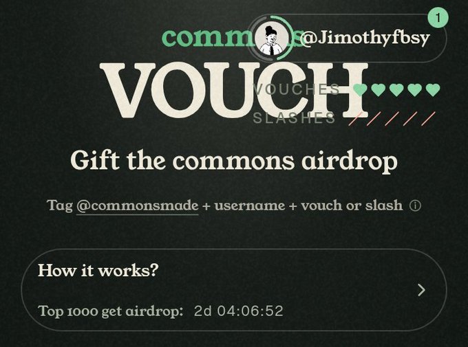A dark interface for a 'commons' airdrop displays the word 'VOUCH' in large letters with instruction to 'Tag @commonsmade + username + vouch or slash' and a countdown timer.