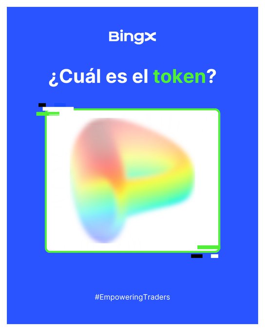 A BingX promotional graphic with a blue background asking '¿Cuál es el token?' in white and green text above a blurred, rainbow-colored abstract shape, with the hashtag '#EmpoweringTraders' at the bottom.