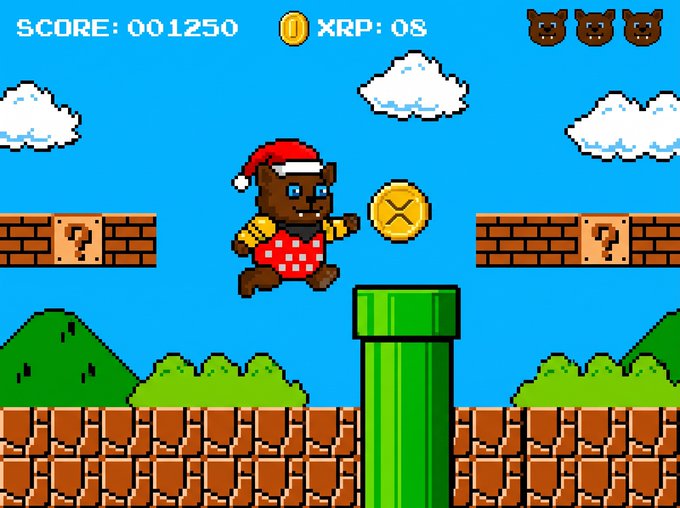 A pixel art video game scene features a brown bear character wearing a Santa hat and red checkered overalls jumping mid-air toward a gold "X" coin. The HUD displays "SCORE: 001250" and "XRP: 08" with three bear life icons at the top, set against a backdrop of blue sky, clouds, brick blocks with question marks, and a green pipe.