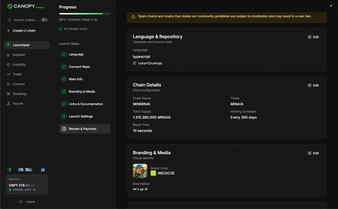 A dashboard interface for 'CANOPY' showing chain launch progress, with details for 'MININAU' including total supply of 1,215,360,000 MINAUA and ticker MINAUA.