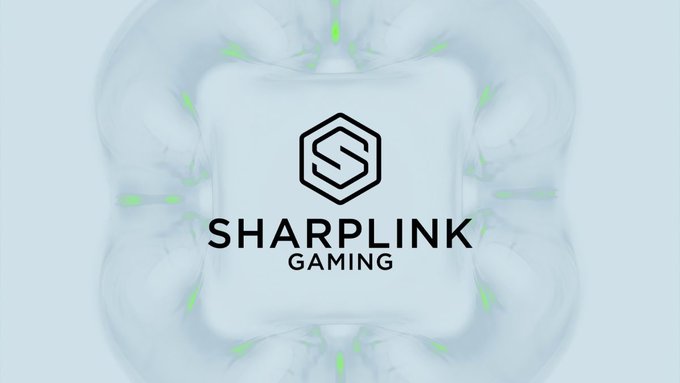 The image displays the SharpLink Gaming logo featuring a stylized "S" inside a hexagonal emblem, with the company name "SHARPLINK GAMING" beneath it, set against a light blue background with subtle green accents. The logo appears alongside news of SharpLink reporting a $321M unrealized loss on its Ethereum holdings in Q2, visually anchoring the brand identity to the financial announcement.