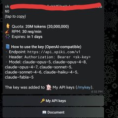 A screenshot shows a chatbot interface revealing "Quota: 20M tokens (20,000,000)" with usage statistics of "0RPM: 30 req/min" and an expiration in 1 day. A list of available OpenAI-compatible models is visible, including "claude-opus-5, claude-opus-4-8, claude-opus-4-7, claude-sonnet-5, claude-sonnet-4-6, claude-haiku-4-5, claude-fable-5." The post on Telegram bot kiro86bot highlights 20M free tokens and mentions models like "Claude Opus 5, Claude Sonnet 5, Claude Fable 5, and DeepSeek V4 Pro."