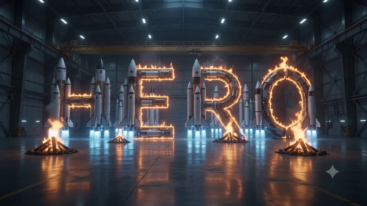 The image features a large room with several rockets arranged throughout the space. The word "HERO" is prominently displayed above these rockets, creating an interesting visual effect that combines elements of fire and space exploration. The text "HERO" is also written in orange letters, which adds to the overall theme of the scene.