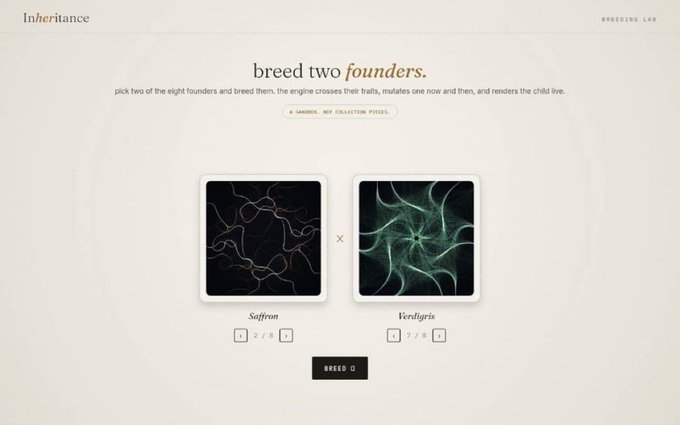 A website interface titled 'Inheritance' showing a 'Breeding Lab' screen with the instruction 'breed two founders' above two selection cards labeled 'Saffron' and 'Verdigris'.