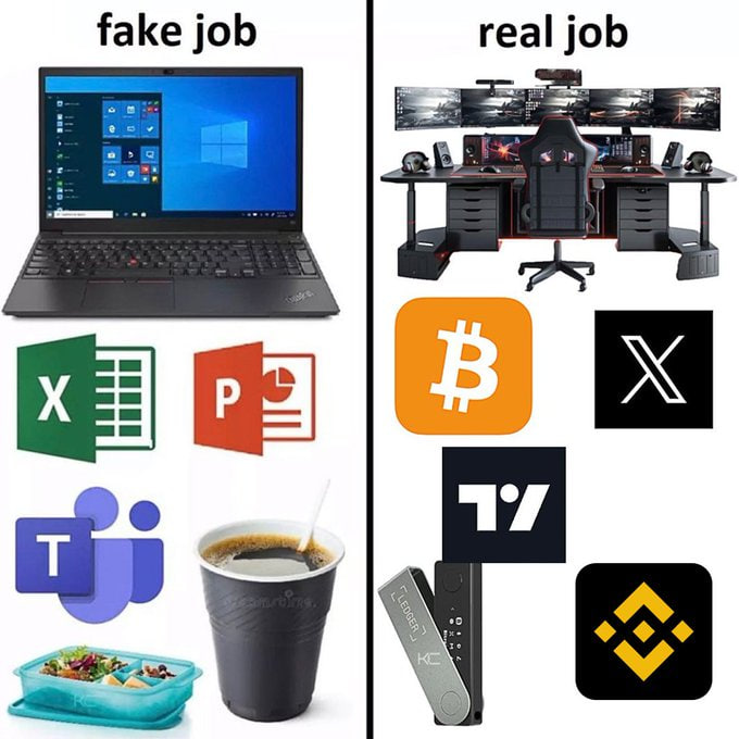A comparison meme contrasting "fake job" tools (laptop, Excel, PowerPoint, Teams, meal prep, iced coffee) with "real job" tools (multi-monitor gaming setup, Bitcoin, X, T1, Ledger, Binance), aligning with the "$SYN SUMMER" post to suggest that crypto/Web3 is the genuine modern hustle.