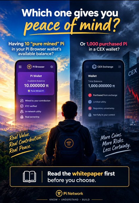 A person overlooks a split landscape comparing 10 "pure mined" Pi in a Pi Browser wallet against 1,000 purchased Pi in a CEX wallet, with the Pi Network branding and tagline "Which one gives you peace of mind?" promoting informed choice by reading the whitepaper.
