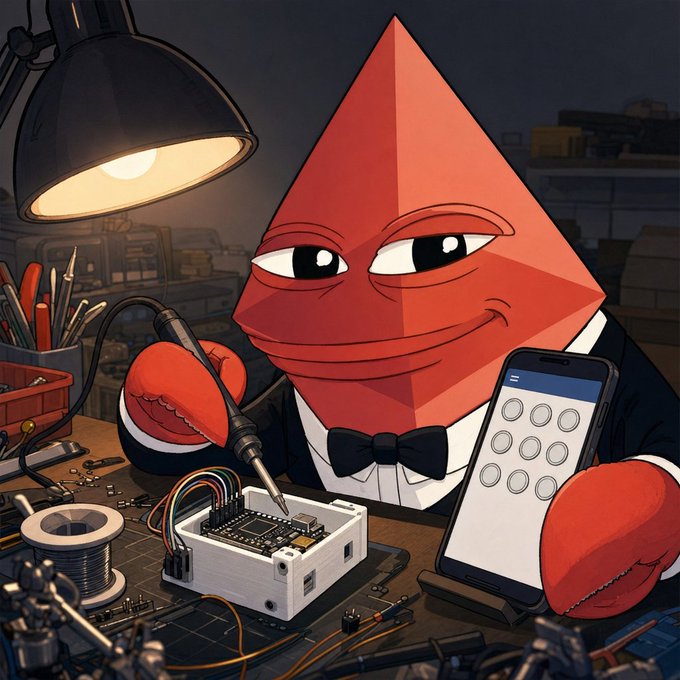 A digital illustration of a red pyramid-shaped character in a tuxedo soldering circuit components while holding a smartphone with a keypad app open.