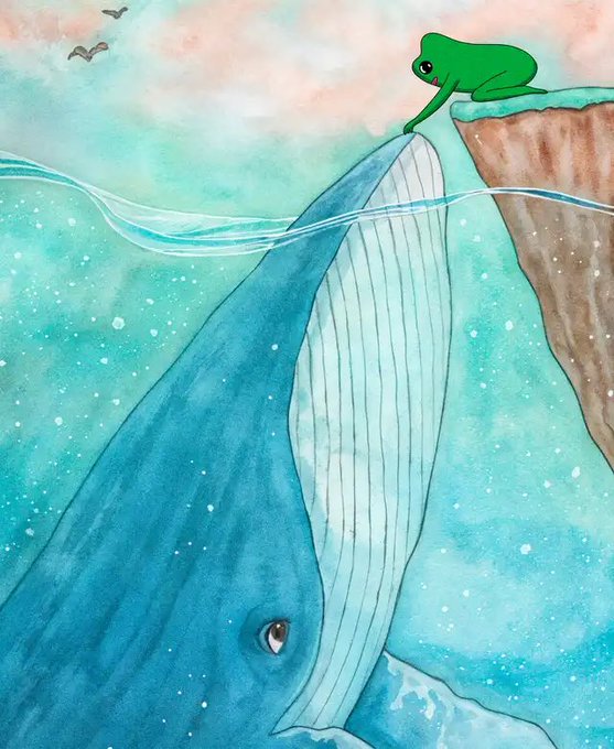 A watercolor painting depicting a green frog perched on a cliff edge, touching noses with a large blue whale rising from the sea below, set against a soft pastel sky with flying birds.