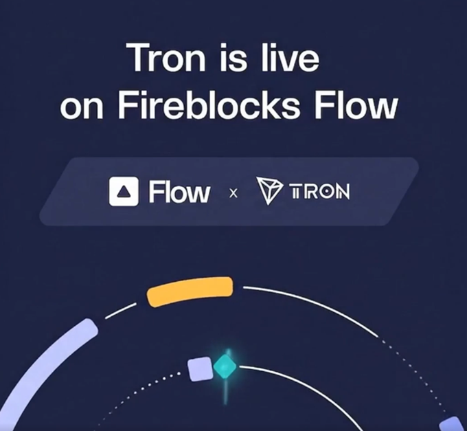 The image is a promotional graphic announcing "Tron is live on Fireblocks Flow," featuring the Flow and TRON logos side by side, which visually represents the integration mentioned in the post that enables businesses to receive stablecoin payments and deposits from TRON wallets.