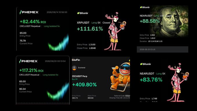 The image displays a collage of five cryptocurrency trading performance screenshots showing significant profits, including +82.44% ROI on CRCL/USDT, +111.61% on XRP/USDT, +88.58% on NEAR/USDT, +117.21% on CRCL/USDT, +409.80% on ZEC/USDT, and +83.76% on NEAR/USDT, sourced from platforms like Phemex, Bitunix, and BloFin.

The collage serves as visual proof of profitable trading calls, supporting the post's claim about the value of the Inner Circle Community's exclusive reports and proprietary intelligence platform by showcasing real, substantial ROI percentages across multiple leveraged trades.