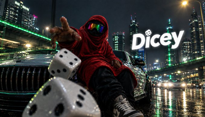A cinematic image titled "Dicey" featuring a hooded figure with rainbow-reflective sunglasses sitting on a luxury car at night with large white dice in the foreground.
