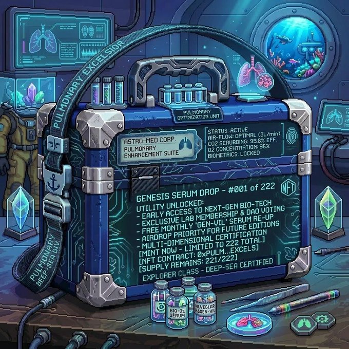 The image showcases the "Pulmonary Enhancement Suite" by Astro-Med Corp as Genesis Serum Drop #001 of 222, featuring an advanced bio-tech case with vials, digital readouts, and a "Deep-Sea Certified" label—teasing the limited NFT mint 1 hour before launch, where the first 69 addresses will receive First-Come-First-Served priority access.