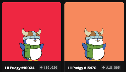 Two NFT character cards side-by-side on red and orange backgrounds, both showing a penguin in a Viking helmet labeled "Lil Pudgy" with edition numbers #19034 (rank #16,620) and #15470 (rank #18,065).