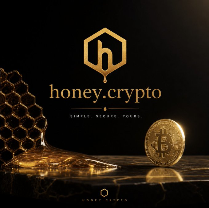 A promotional image for 'honey.crypto' cryptocurrency platform with a gold hexagonal 'h' logo, Bitcoin coin, and honeycomb design, featuring the tagline 'SIMPLE. SECURE. YOURS.'