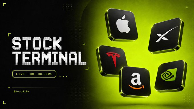 A promotional banner for "Stock Terminal - Live for Holders" features floating 3D tiles displaying logos for Apple (AAPL), Tesla (TSLA), Amazon (AMZN), Nvidia (NVDA), and SpaceX against a neon green and black background, with the tagline "Live for Holders" and handle "@HoodR10x." The image visually represents the post's announcement of Hood AI's live stock terminal tool, showcasing the major company tickers whose onchain-verified data the platform delivers to holders.