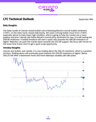 A document titled 'LTC Technical Outlook' dated September 18th, featuring the Litecoin logo and a daily insights text section with a price chart showing a downward trend.