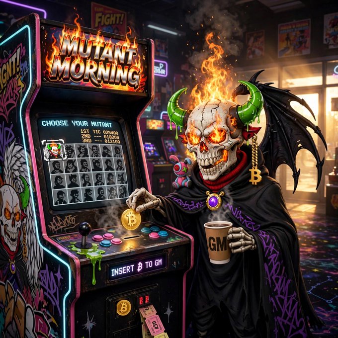 A flaming skull with green horns and black wings plays a fiery arcade cabinet titled 'MUTANT MORNING' while holding a coffee mug marked 'GM'. The screen displays a character selection grid.