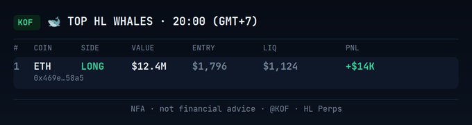 A dashboard table titled 'TOP HL WHALES · 20:00 (GMT+7)' showing an ETH long position with a value of $12.4M, entry of $1,796, and a PNL of +$14K.