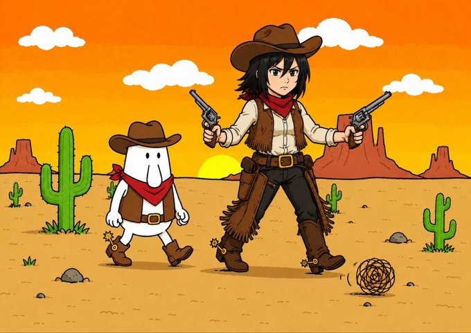 A cartoon cowboy and his ghost companion stride through a desert at sunset, dual-wielding pistols in a classic Western showdown scene. The image ties into the post's "wild west" crypto journey metaphor, where the cowboy represents the author navigating the unpredictable frontier of trading alone, with the tumbleweed and desert symbolizing the isolation and self-reliance of documenting the journey without outside influence or concern.