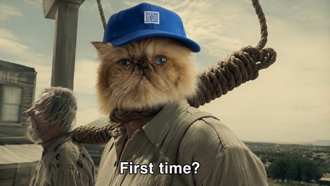 The image shows a fluffy cat with a grumpy expression wearing a blue cap, depicted in a Wild West scene with a noose around its neck, with the subtitle "First time?" This absurd and darkly humorous meme captures the post's tone of incredulity toward crypto figures ignoring community feedback, as the cat's resigned, deadpan expression mirrors the "welcome to the rodeo" sentiment of witnessing yet another misstep in the crypto space.