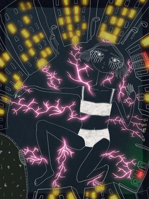 A digital illustration of a figure with flowing pink lightning-like hair and body markings, set against a dark background with illuminated yellow city windows and a large white "M" on their chest.