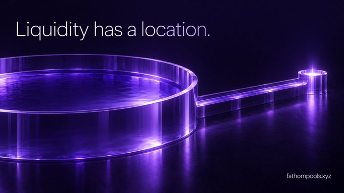 A 3D rendering of glowing purple liquid flowing through a container shaped like a magnifying glass with the text 'Liquidity has a location.' and 'fathompools.xyz'.