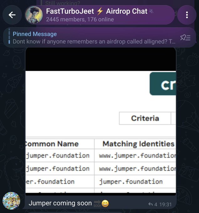 A Telegram group called "FastTurboJeet ⚡ Airdrop Chat" with 2,445 members displays an image showing a "Criteria" table listing "jumper.foundation" entries under "Common Name" and "Matching Identities," supporting the caption's claim of an alleged Jumper Foundation-related $JUMP airdrop.