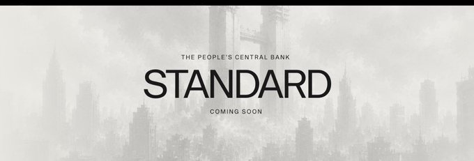 Stylized monochrome promotional graphic with 'THE PEOPLE'S CENTRAL BANK', 'STANDARD', and 'COMING SOON' text over a foggy futuristic cityscape.