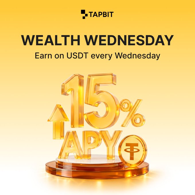 A promotional graphic from Tapbit featuring a golden 'WEALTH WEDNESDAY' headline that reads 'Earn on USDT every Wednesday,' showcasing a 3D gold '15% APY' display alongside a USDT coin symbol on an orange gradient background.