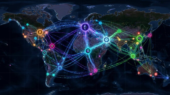 A dark world map illuminated with glowing lines connecting various cryptocurrency logos across continents, representing global network connectivity.