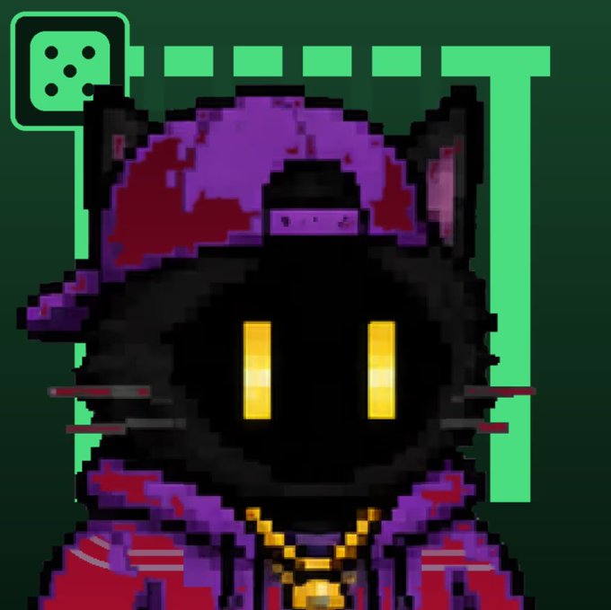 A pixel art style character with a dark, shadowy face, glowing yellow rectangular eyes, and purple and red clothing, set against a green background with dashed border elements.