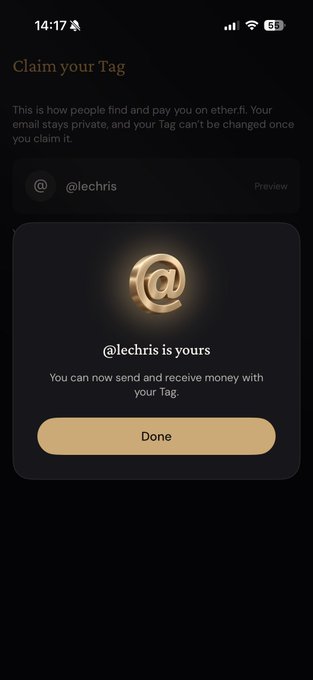 A smartphone screen displays 'Claim your Tag' on the ether.fi app, confirming '@lechris is yours' with a gold '@' symbol and a 'Done' button.