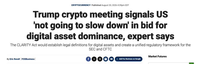 A news headline reading 'Trump crypto meeting signals US 'not going to slow down' in bid for digital asset dominance, expert says' from FOX Business, published August 20, 2026.
