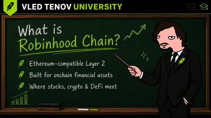 A VLED TENOV UNIVERSITY graphic titled 'What is Robinhood Chain?' listing it as an Ethereum-compatible Layer 2 built for onchain financial assets where stocks, crypto & DeFi meet.