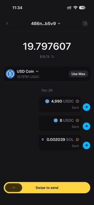 Cryptocurrency wallet app screenshot showing a balance of 19.797607 (~$19.79), with USDC as the selected token, transaction history showing sent amounts of 4,990 USDC, 8 USDC, and 0.002039 SOL.