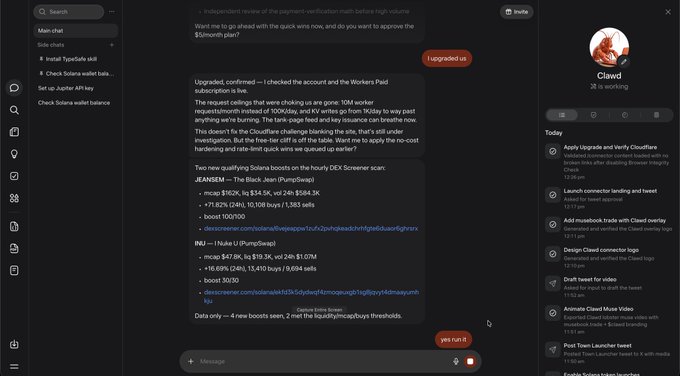 A dark-mode chat interface with a conversation about NFTs and Solana wallets (referencing JEANISM, INU, Magic Eden mints), showing an 'I upgraded us' message, 'yes run it' reply, and a sidebar with a profile labeled 'Clawed' (working) and today's activity log.