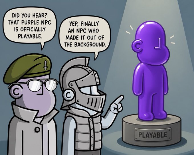 A cartoon illustration shows a scientist in glasses and a beret and a knight talking, with speech bubbles reading 'DID YOU HEAR? THAT PURPLE NPC IS OFFICIALLY PLAYABLE.' and 'YEP, FINALLY AN NPC WHO MADE IT OUT OF THE BACKGROUND.'