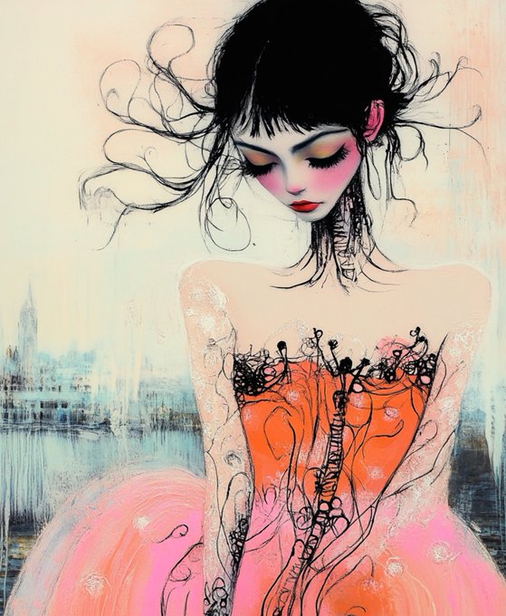 A stylized digital illustration of a woman with flowing black hair, dramatic makeup, and an ornate orange corset gown, with a faint cityscape in the background. The artwork reflects the elegant, fashion-forward aesthetic shared by @nad_nfts, capturing the artistic mood the post is highlighting.