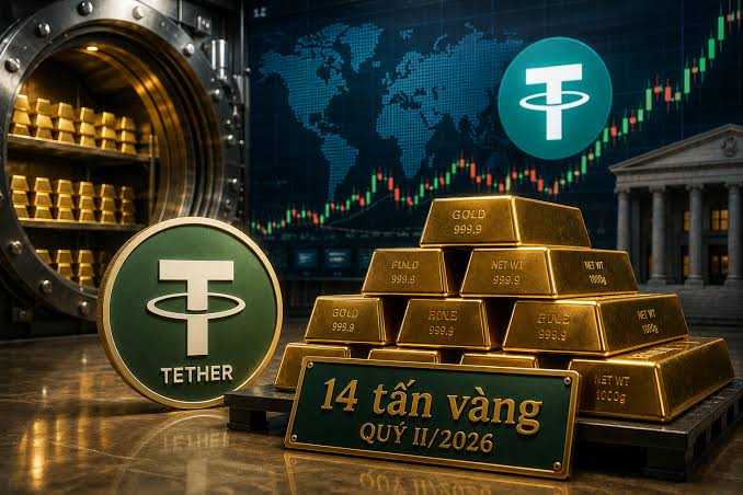 A digital illustration depicting Tether (USDT) cryptocurrency alongside stacks of gold bars and a vault, with a sign reading '14 tấn vàng QUÝ II/2026', suggesting a gold reserve claim.
