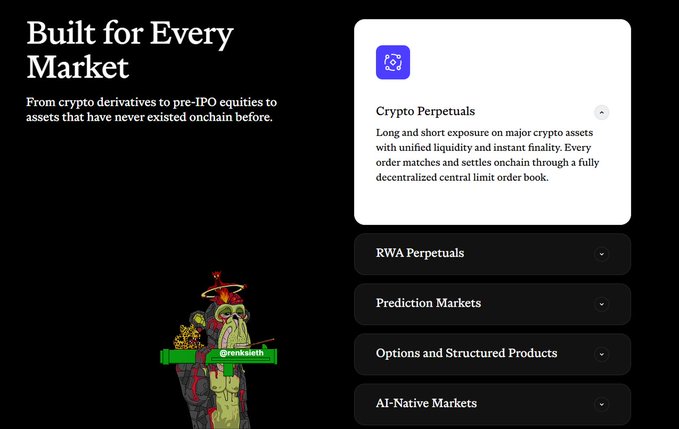 A dark-themed webpage section titled "Built for Every Market" lists various trading categories including Crypto Perpetuals (expanded), RWA Perpetuals, Prediction Markets, Options and Structured Products, and AI-Native Markets, with a cartoon gorilla graphic holding a green "@renkaieth" sign. The image visually reinforces the post's claim that $INJ (Injective) aims to serve multiple trading verticals—from crypto derivatives to prediction and AI-native markets—all on a unified onchain financial layer.