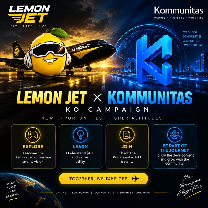 Promotional graphic for 'LEMON JET × KOMMUNITAS IKO CAMPAIGN' with the tagline 'NEW OPPORTUNITIES, HIGHER ALTITUDES' featuring a lemon mascot with headphones next to an airplane, with sections to Explore, Learn, Join, and Be Part of the Journey.